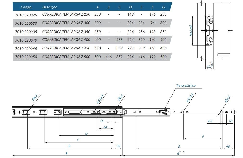 Corrediça Telescópica TEN 250mm ZA 30kg | Larga | FGVTN