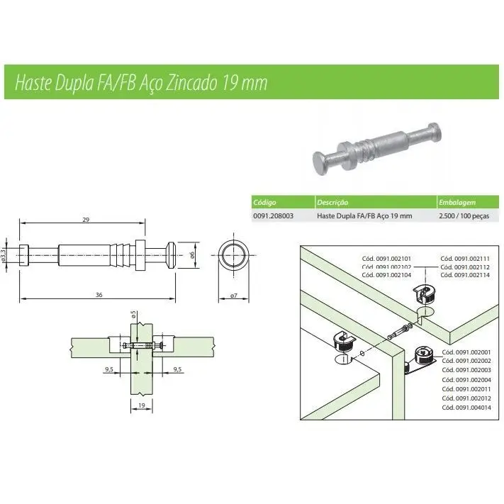 HASTE DUPLA FA/FB - 19MM AÇO ZINCADO - 01 UNIDADE - Fixadores