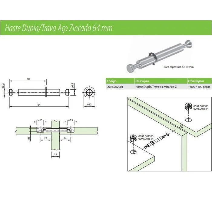 HASTE DUPLA/TRAVA PARA 15MM - 64MM AÇO ZINCADO - 01 UNIDADE - Fixadores
