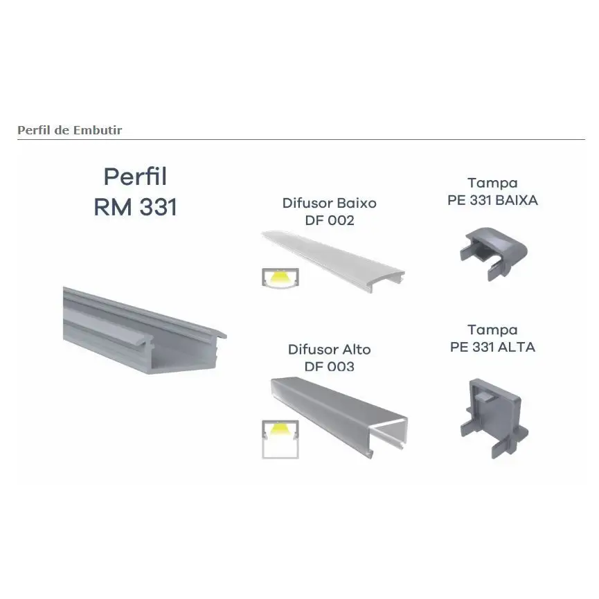 Perfil Canaleta para LED Embutido | RM-331 | Champagne Claro | Barra 3 metros - Perfis