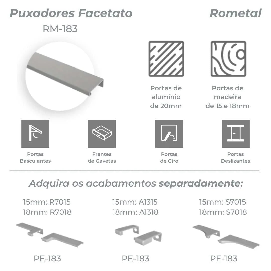 Puxador Facetato Rometal | RM-183 | Champagne 1001 | Barra 3 Metros - Puxadores