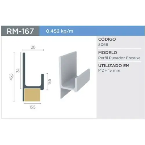 PUXADOR OCULTO RM-167 - SUP. NATURAL - PARA 15MM - BARRA 3 METROS - 01 PEÇA - Puxadores