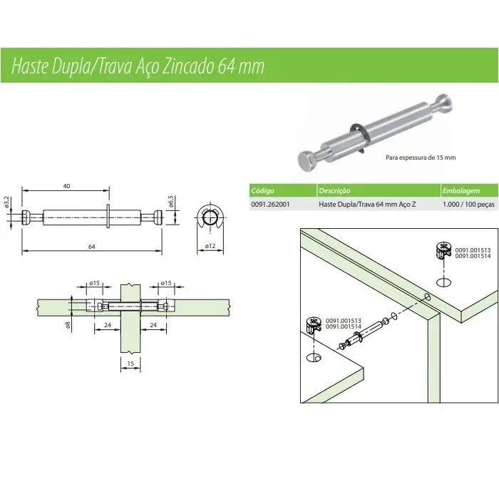 HASTE DUPLA/TRAVA PARA 15MM - 64MM AÇO ZINCADO - 01 UNIDADE - Fixadores