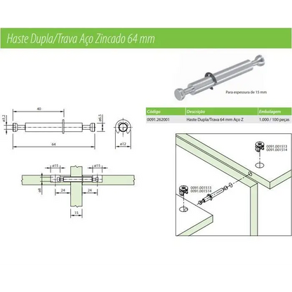 HASTE DUPLA/TRAVA PARA 15MM - 64MM AÇO ZINCADO - 01 UNIDADE - Fixadores