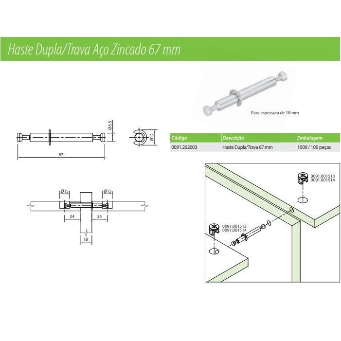HASTE DUPLA/TRAVA PARA 18MM - 67MM AÇO ZINCADO - 1 UNIDADE - Fixadores
