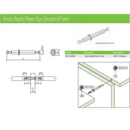 HASTE DUPLA/TRAVA PARA 18MM - 67MM AÇO ZINCADO - 1 UNIDADE - Fixadores