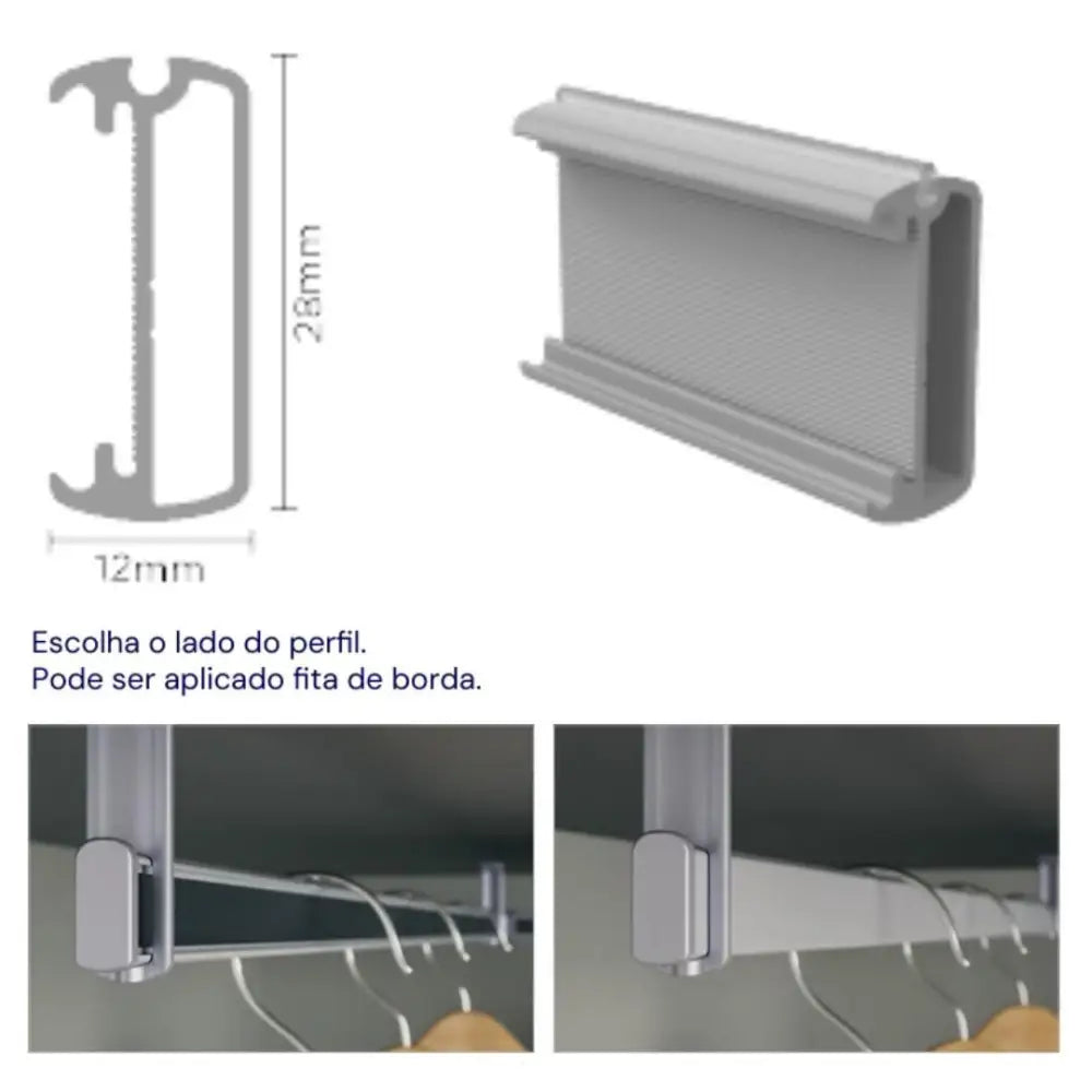 Perfil Alumínio Cabideiro Vesto | RM-282 | Titânio | Barra 3 metros - Perfis