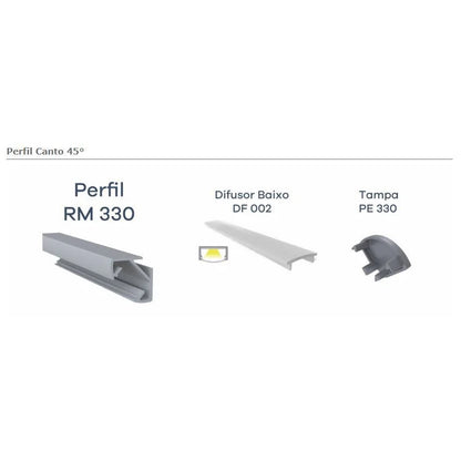 Perfil Canaleta para LED Canto 45° | RM-329 | Anodizado Preto | 3 Metros - Perfis