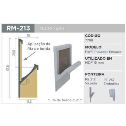 Puxador Oculto | RM-213 | Preto | Para 15mm | Barra 3 Metros - Puxadores
