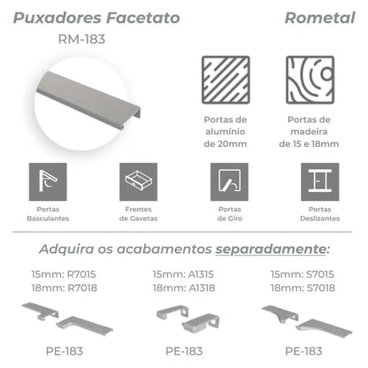 Puxador Facetato Rometal | RM-183 | Preto | Barra 3 Metros - Puxadores
