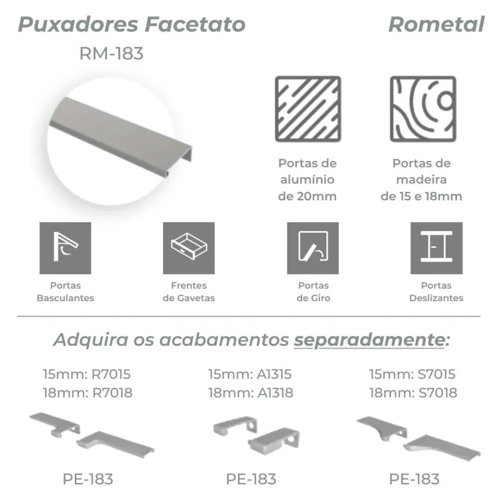 Puxador Facetato Rometal | RM-183 | Titânio Fosco | Barra 3 Metros - Puxadores