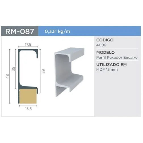 Puxador Gola | RM-087 | Supra Natural | Para 15mm | Barra 3 Metros - Puxadores