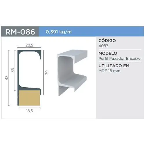 Puxador Gola | RM-086 | Supra Natural | Para 18mm | Barra 3 Metros - Puxadores