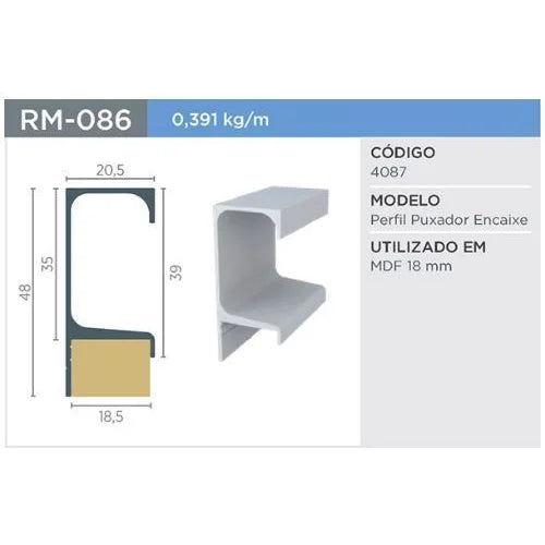 Puxador Gola | RM-086 | Supra Natural | Para 18mm | Barra 3 Metros - Puxadores