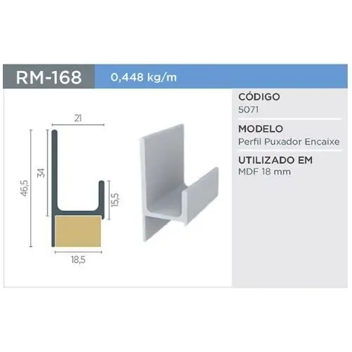 Puxador Oculto para 18mm | RM-168 | Supra Natural | Barra 3 Metros - Puxadores