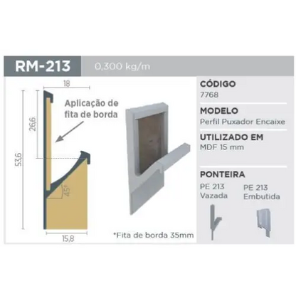 Puxador Oculto | RM-213 | Preto | Para 15mm | Barra 3 Metros - Puxadores
