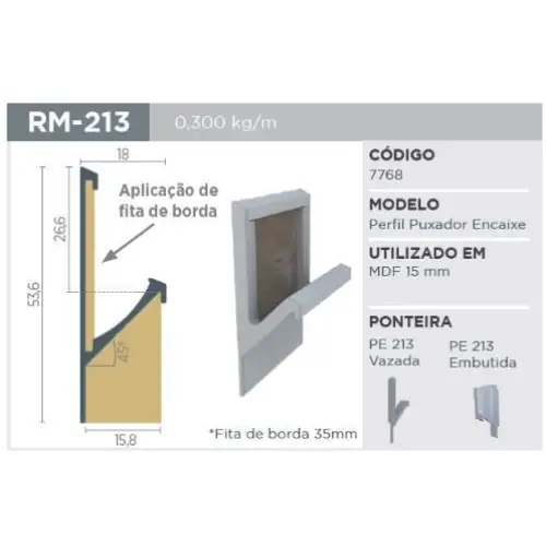 Puxador Oculto | RM-213 | Supra Natural | Para 15mm | Barra 3 Metros - Puxadores