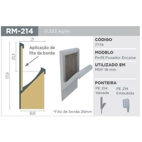 PUXADOR OCULTO RM-214 - PRETO - PARA 18MM - BARRA 3 METROS - 01 UNIDADE - Puxadores