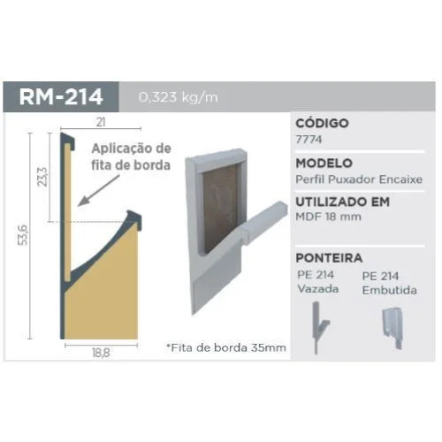 Puxador Oculto RM-214 - Supra Natural - Para 18mm - Barra 03 Metros - Puxadores
