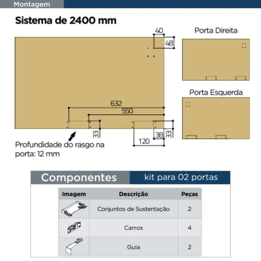 Sistema Deslizante Coplanar C-800S 2 Portas | 2400mm | 15Kg - Sistemas Deslizantes