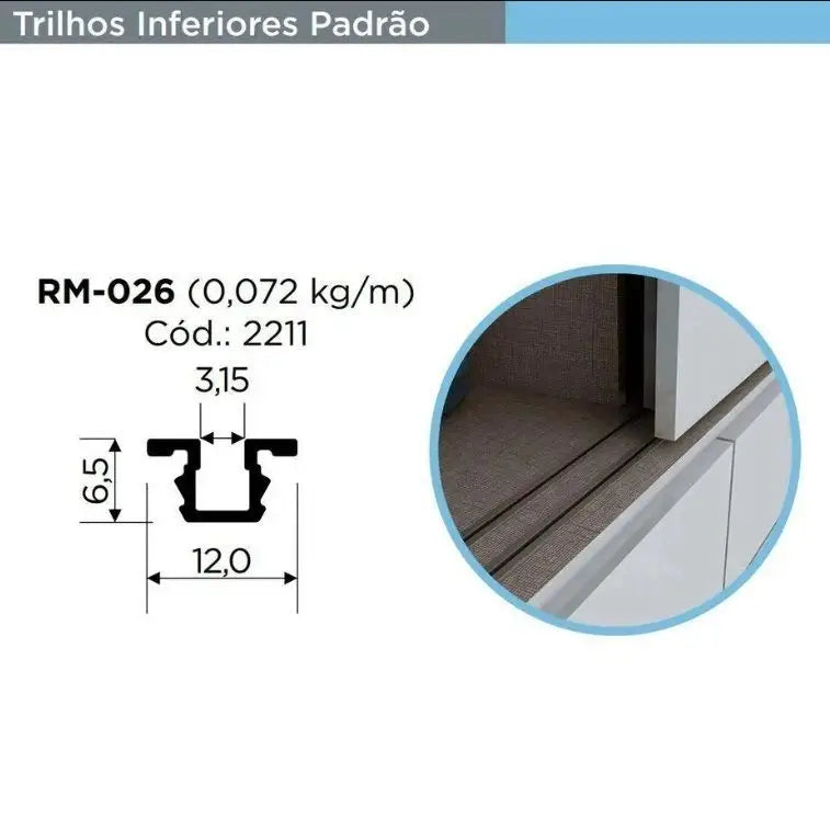 Trilho Alumínio Embutido Superior-Inferior | RM-026 | para Sistema Deslizante | Barra 3 Metros - Perfis