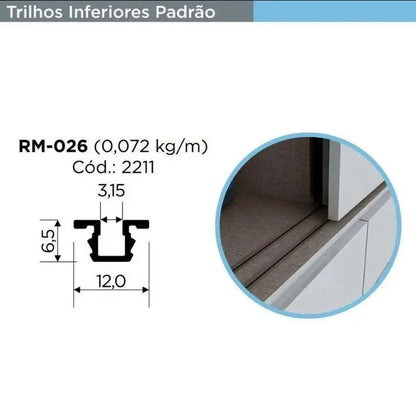 Trilho Alumínio Embutido Superior-Inferior | RM-026 | para Sistema Deslizante | Barra 3 Metros - Perfis